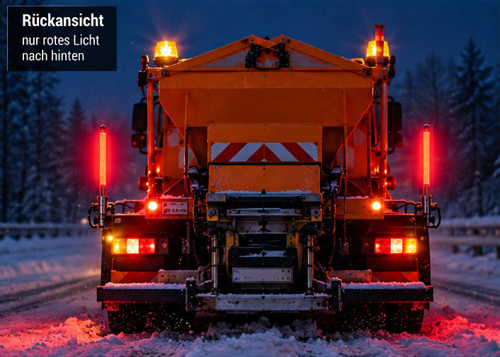 Räumfahrzeug von hinten bei Nacht: Leuchtstäbe leuchten rot nach hinten und markieren die Fahrzeugbreite