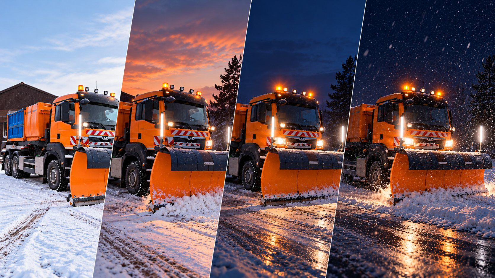 Räumfahrzeug mit Leuchtstäben am Schneepflug in vier Lichtsituationen: Tageslicht, Dämmerung, Nacht und Schneetreiben